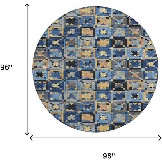 8' Navy Blue And Gold Round Patchwork Washable Indoor Outdoor Area Rug Photo 7