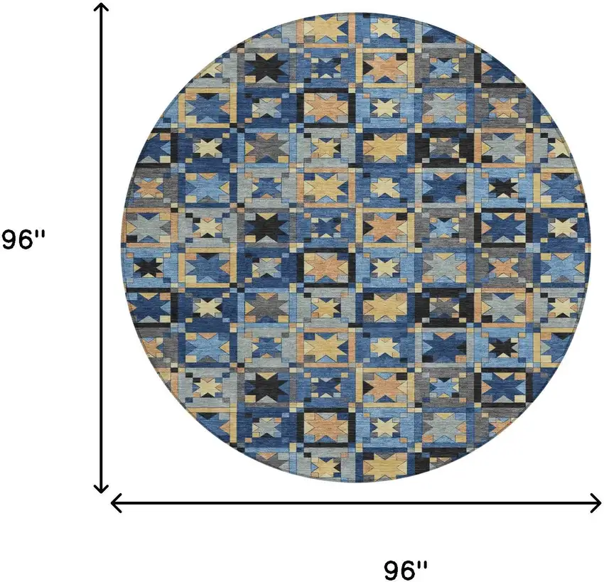 8' Navy Blue And Gold Round Patchwork Washable Indoor Outdoor Area Rug Photo 7