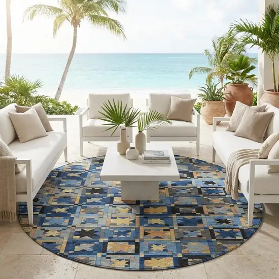 8' Navy Blue And Gold Round Patchwork Washable Indoor Outdoor Area Rug Photo 1