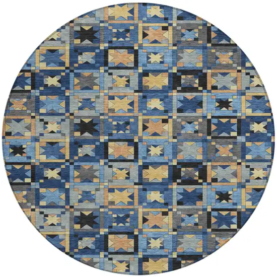 8' Navy Blue And Gold Round Patchwork Washable Indoor Outdoor Area Rug Photo 2