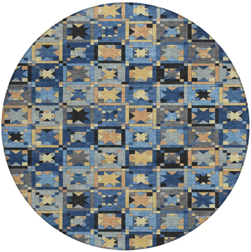 8' Navy Blue And Gold Round Patchwork Washable Indoor Outdoor Area Rug Photo 2