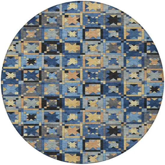 8' Navy Blue And Gold Round Patchwork Washable Indoor Outdoor Area Rug Photo 4