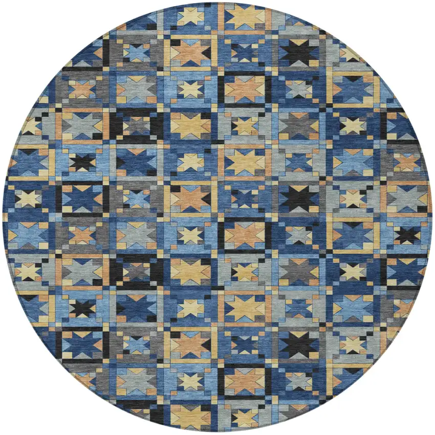 8' Navy Blue And Gold Round Patchwork Washable Indoor Outdoor Area Rug Photo 4