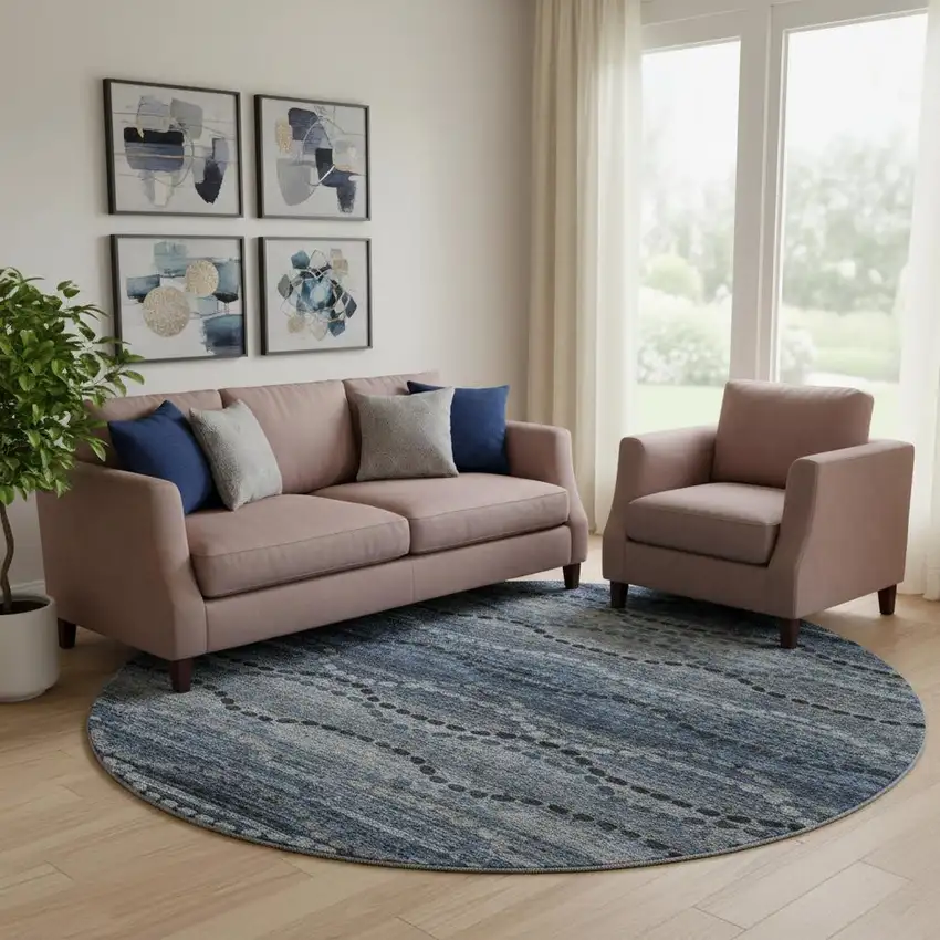 8' Navy Blue And Gray Abstract Geometric Washable Round Rug With UV Protection Photo 2