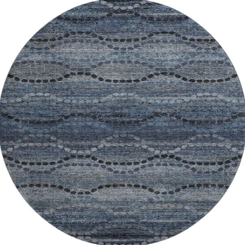 8' Navy Blue And Gray Abstract Geometric Washable Round Rug With UV Protection Photo 3