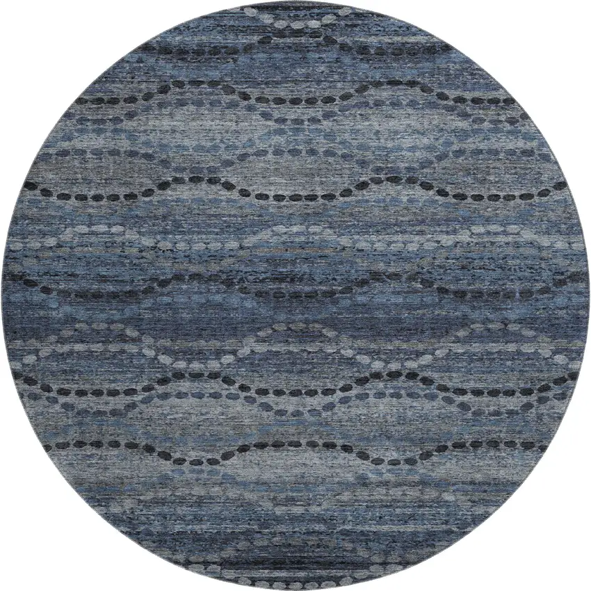 8' Navy Blue And Gray Abstract Geometric Washable Round Rug With UV Protection Photo 1