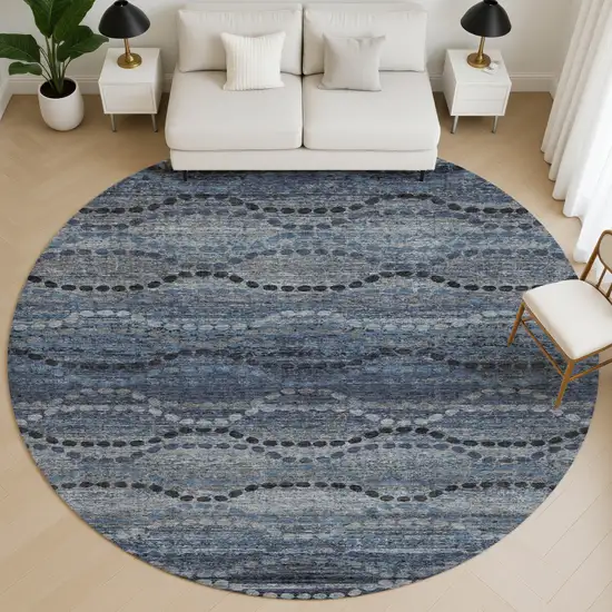 8' Navy Blue And Gray Abstract Geometric Washable Round Rug With UV Protection Photo 5