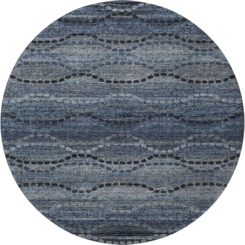 8' Navy Blue And Gray Abstract Geometric Washable Round Rug With UV Protection Photo 4