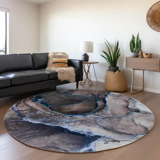 8' Navy Blue And Gray Abstract Washable Round Rug With UV Protection Photo 5