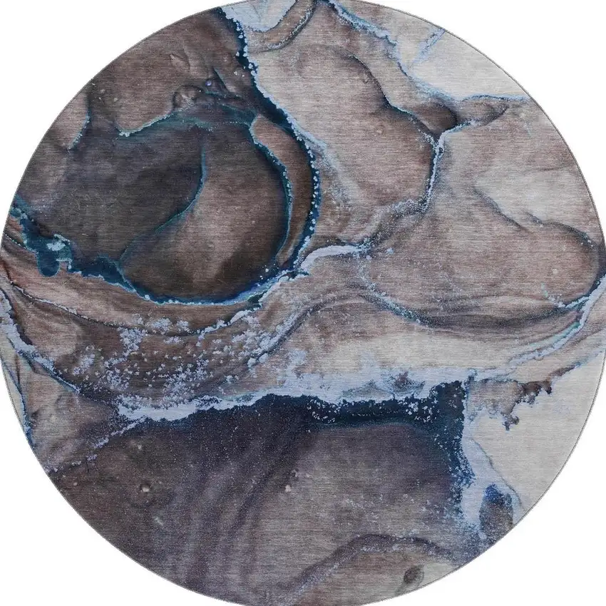 8' Navy Blue And Gray Abstract Washable Round Rug With UV Protection Photo 4