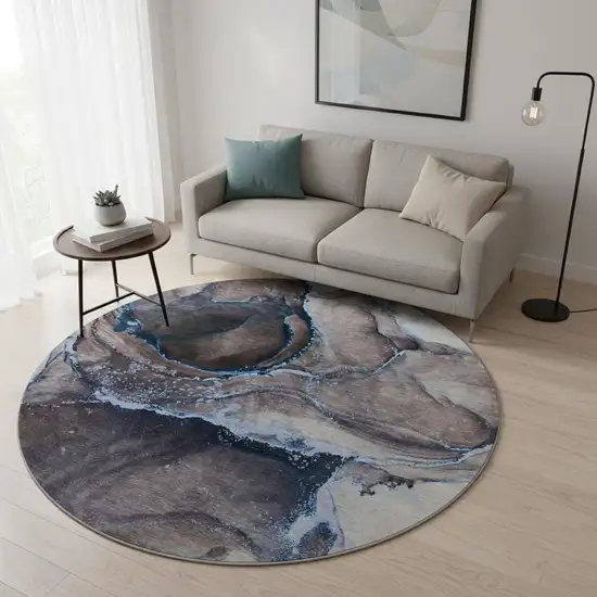 8' Navy Blue And Gray Abstract Washable Round Rug With UV Protection Photo 2