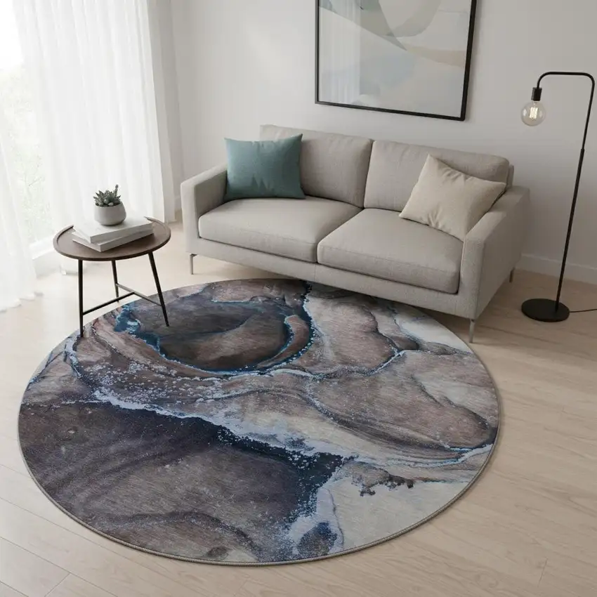 8' Navy Blue And Gray Abstract Washable Round Rug With UV Protection Photo 2