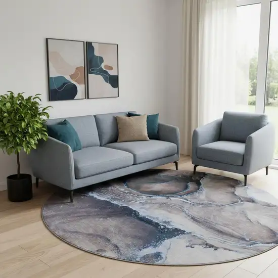 8' Navy Blue And Gray Abstract Washable Round Rug With UV Protection Photo 1