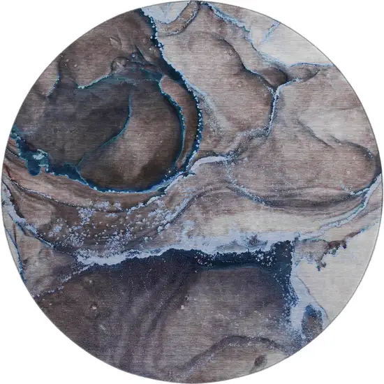 8' Navy Blue And Gray Abstract Washable Round Rug With UV Protection Photo 1