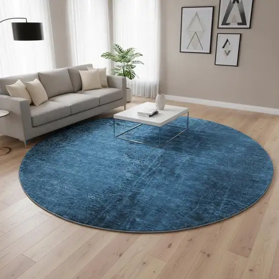8' Navy Blue And Gray Abstract Washable Round Rug With UV Protection Photo 2
