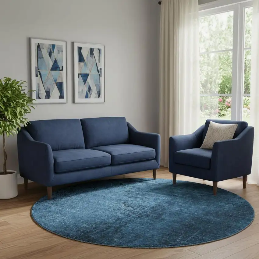 8' Navy Blue And Gray Abstract Washable Round Rug With UV Protection Photo 1