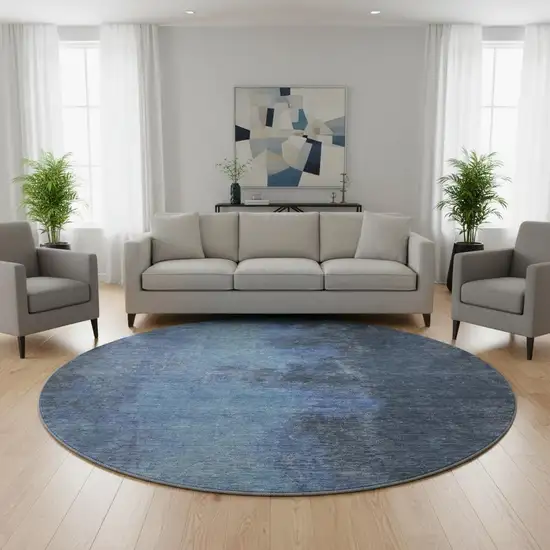8' Navy Blue And Gray Abstract Washable Round Rug With UV Protection Photo 2