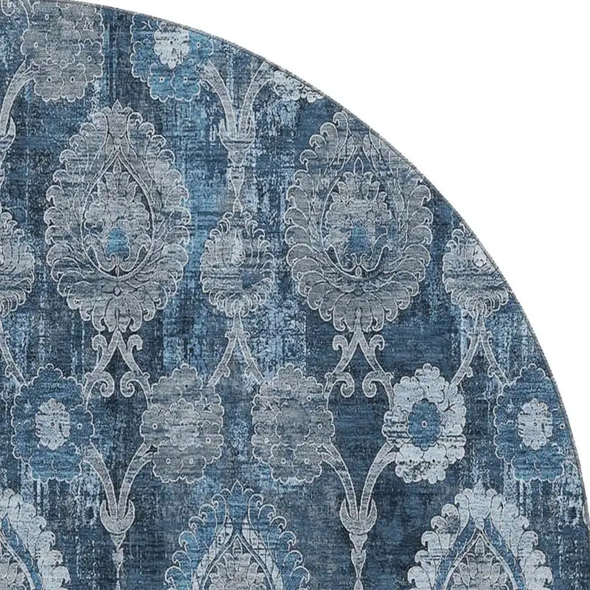 8' Navy Blue And Gray Damask Washable Round Rug With UV Protection Photo 4