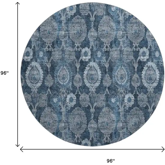 8' Navy Blue And Gray Damask Washable Round Rug With UV Protection Photo 3
