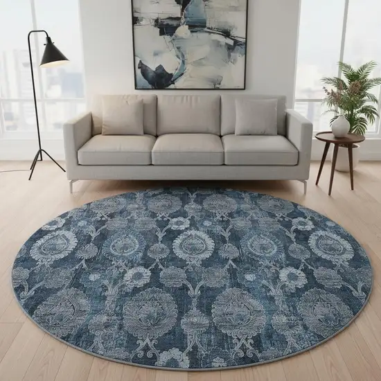 8' Navy Blue And Gray Damask Washable Round Rug With UV Protection Photo 2