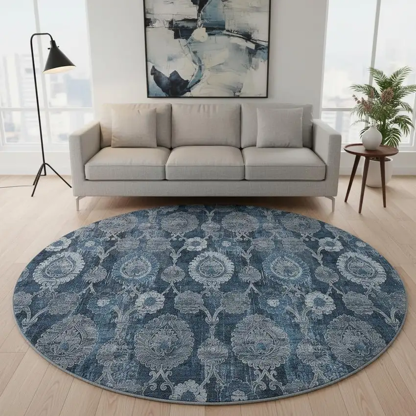 8' Navy Blue And Gray Damask Washable Round Rug With UV Protection Photo 2