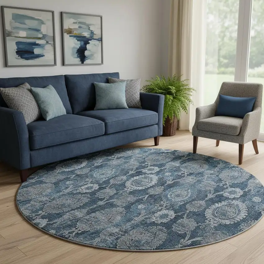 8' Navy Blue And Gray Damask Washable Round Rug With UV Protection Photo 1