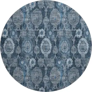 Photo of 8' Navy Blue And Gray Damask Washable Round Rug With UV Protection