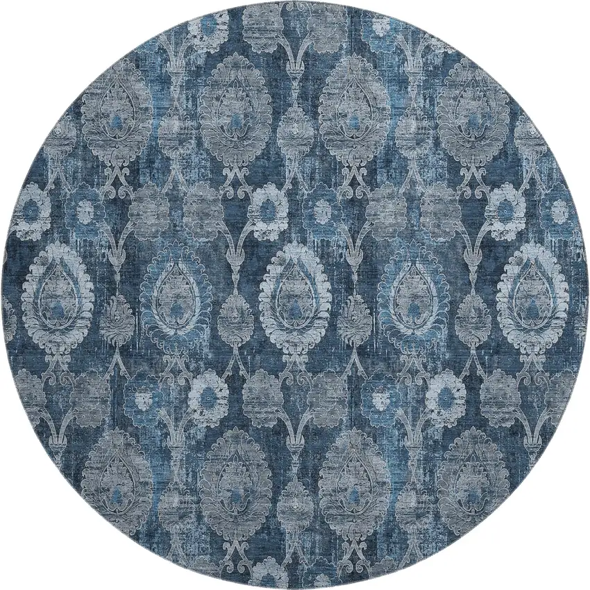 8' Navy Blue And Gray Damask Washable Round Rug With UV Protection Photo 1