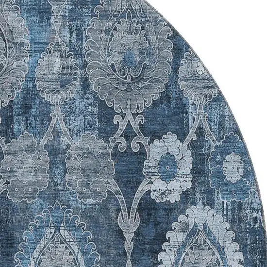 8' Navy Blue And Gray Damask Washable Round Rug With UV Protection Photo 3