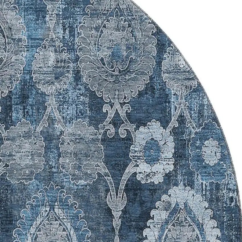 8' Navy Blue And Gray Damask Washable Round Rug With UV Protection Photo 3