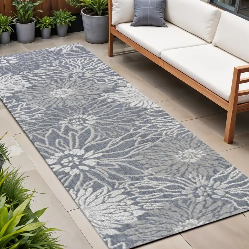 8' Navy Blue And Gray Floral Indoor Outdoor Runner Rug Photo 1