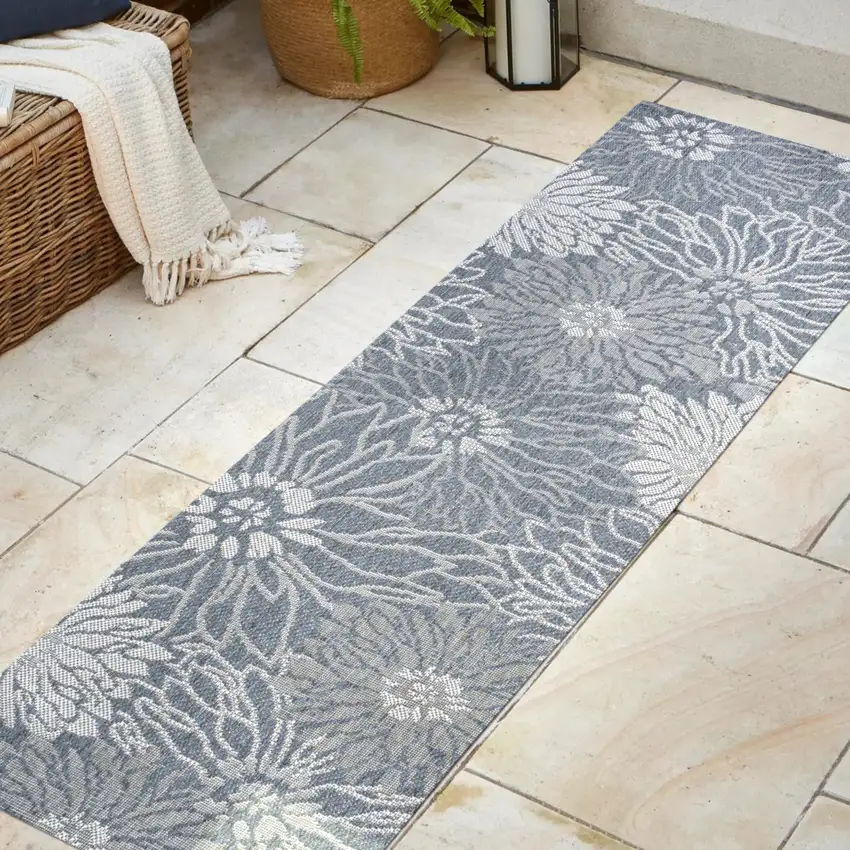 8' Navy Blue And Gray Floral Indoor Outdoor Runner Rug Photo 5