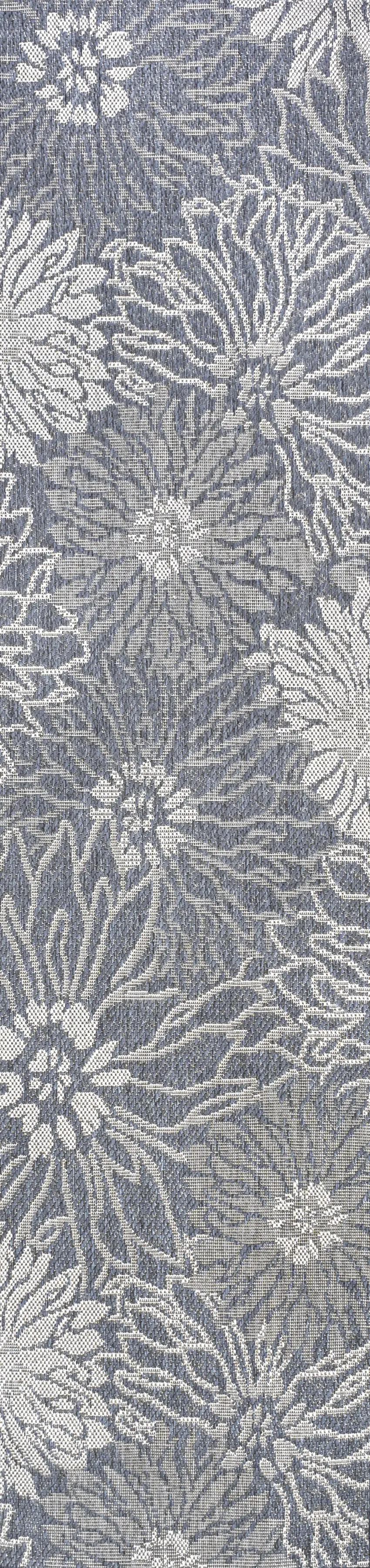 8' Navy Blue And Gray Floral Indoor Outdoor Runner Rug Photo 1