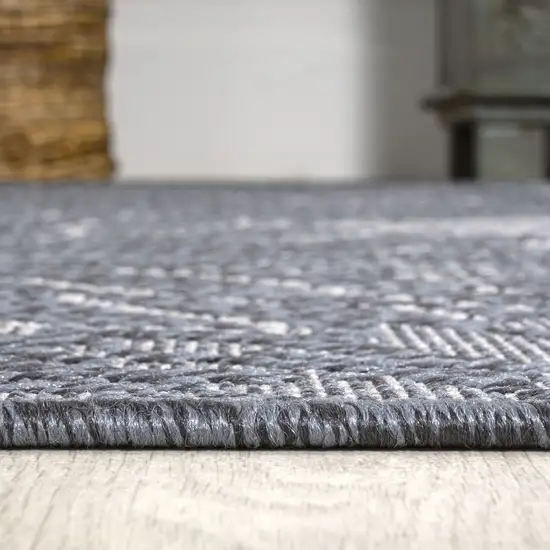 8' Navy Blue And Gray Floral Indoor Outdoor Runner Rug Photo 6