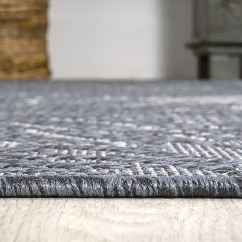 8' Navy Blue And Gray Floral Indoor Outdoor Runner Rug Photo 6