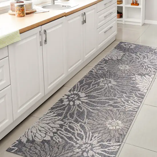 8' Navy Blue And Gray Floral Indoor Outdoor Runner Rug Photo 6