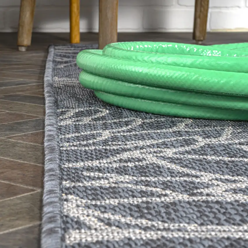 8' Navy Blue And Gray Floral Indoor Outdoor Runner Rug Photo 7