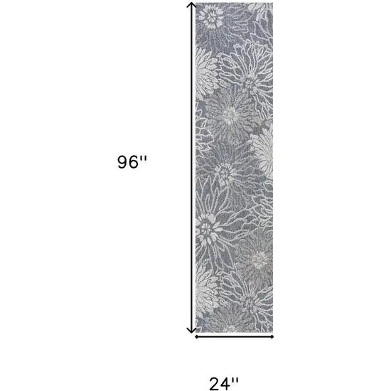 8' Navy Blue And Gray Floral Indoor Outdoor Runner Rug Photo 8