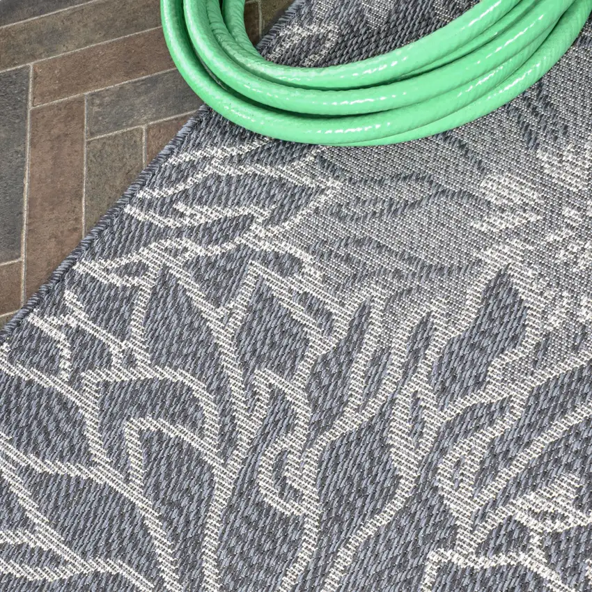 8' Navy Blue And Gray Floral Indoor Outdoor Runner Rug Photo 7