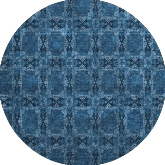 8' Navy Blue And Gray Floral Medallion Washable Round Rug With UV Protection Photo 3