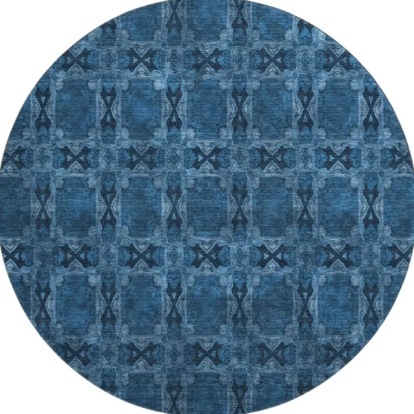 8' Navy Blue And Gray Floral Medallion Washable Round Rug With UV Protection Photo 3