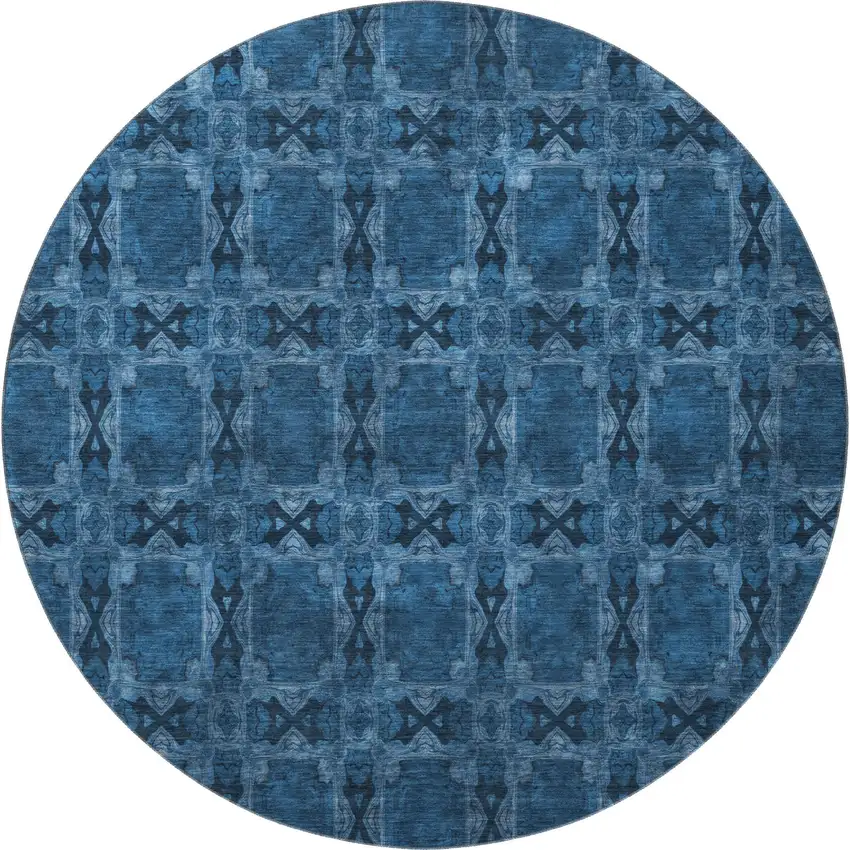 8' Navy Blue And Gray Floral Medallion Washable Round Rug With UV Protection Photo 4