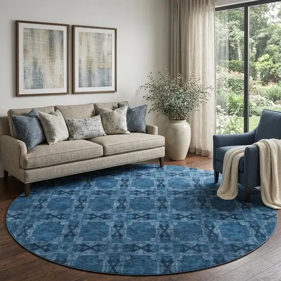 8' Navy Blue And Gray Floral Medallion Washable Round Rug With UV Protection Photo 1