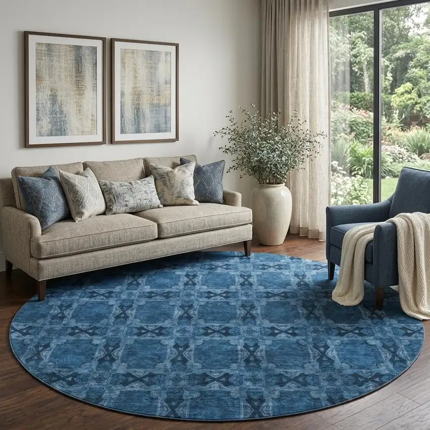8' Navy Blue And Gray Floral Medallion Washable Round Rug With UV Protection Photo 1