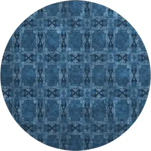 Photo of 8' Navy Blue And Gray Floral Medallion Washable Round Rug With UV Protection