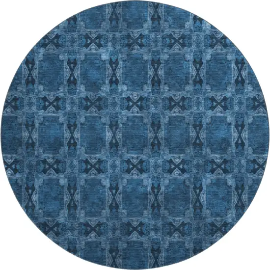 8' Navy Blue And Gray Floral Medallion Washable Round Rug With UV Protection Photo 1