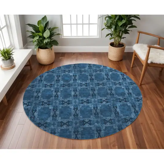 8' Navy Blue And Gray Floral Medallion Washable Round Rug With UV Protection Photo 2