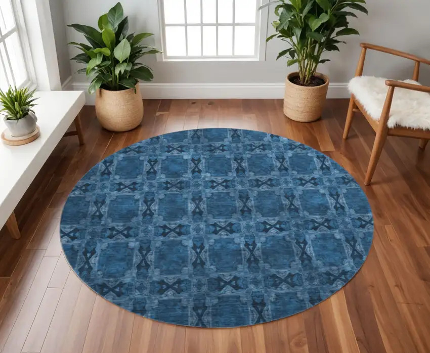 8' Navy Blue And Gray Floral Medallion Washable Round Rug With UV Protection Photo 2