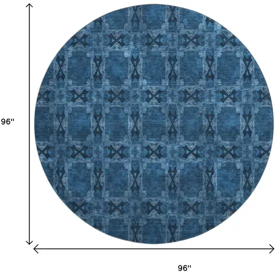 8' Navy Blue And Gray Floral Medallion Washable Round Rug With UV Protection Photo 9