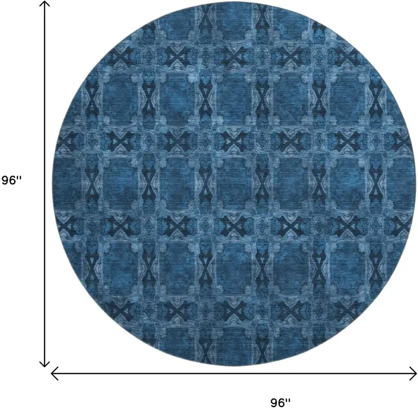 8' Navy Blue And Gray Floral Medallion Washable Round Rug With UV Protection Photo 9
